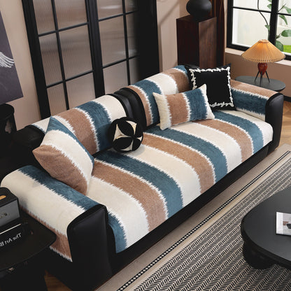 Striped Colorblock Non-Slip Sectional Couch Covers, Chenille Sofa Protector Cover