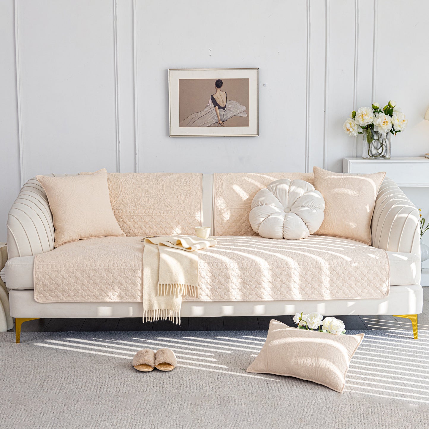 Cotton Quilted Sofa Cover, Non-Slip Couch Protector Fits Backrest, Seat & Armrest