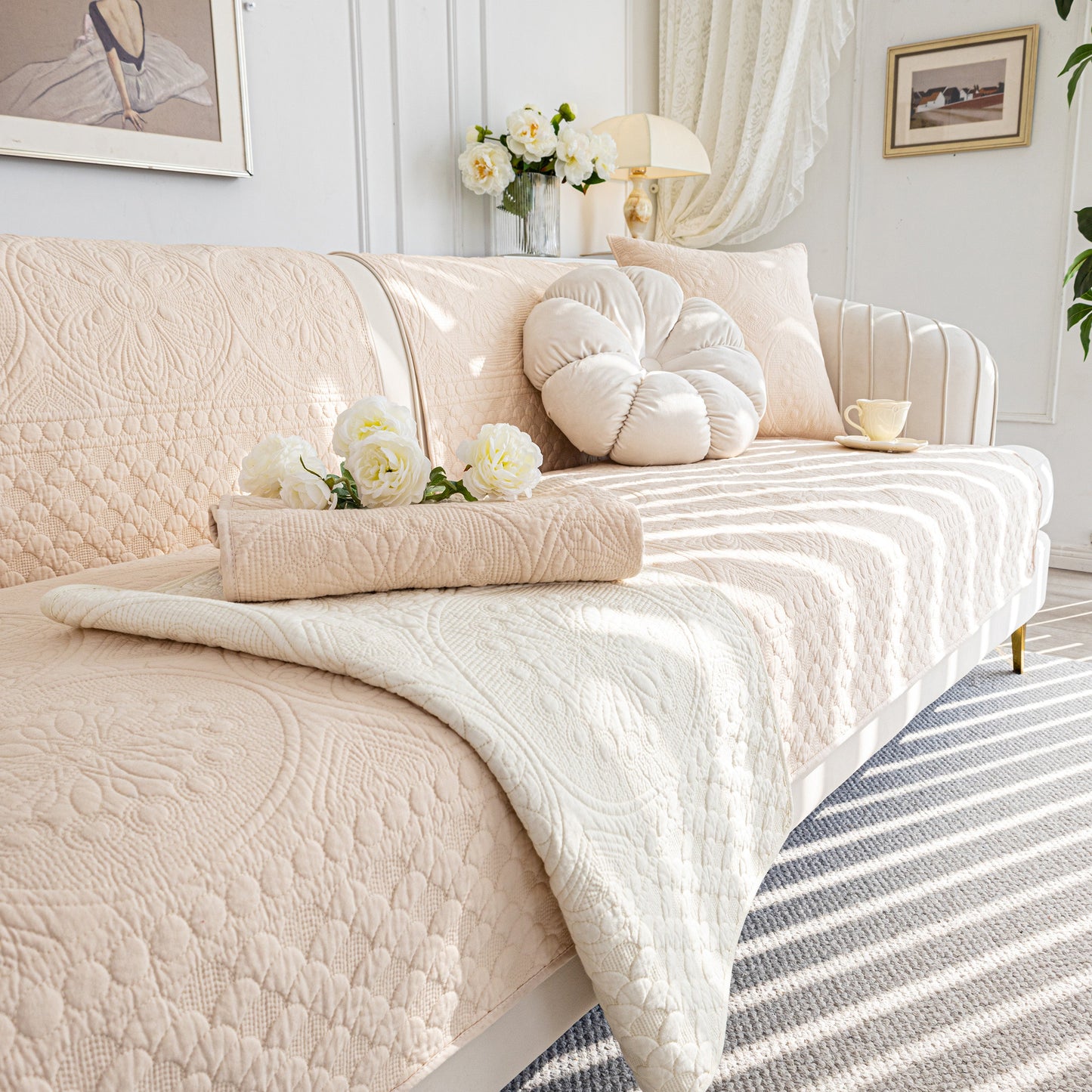 Cotton Quilted Sofa Cover, Non-Slip Couch Protector Fits Backrest, Seat & Armrest