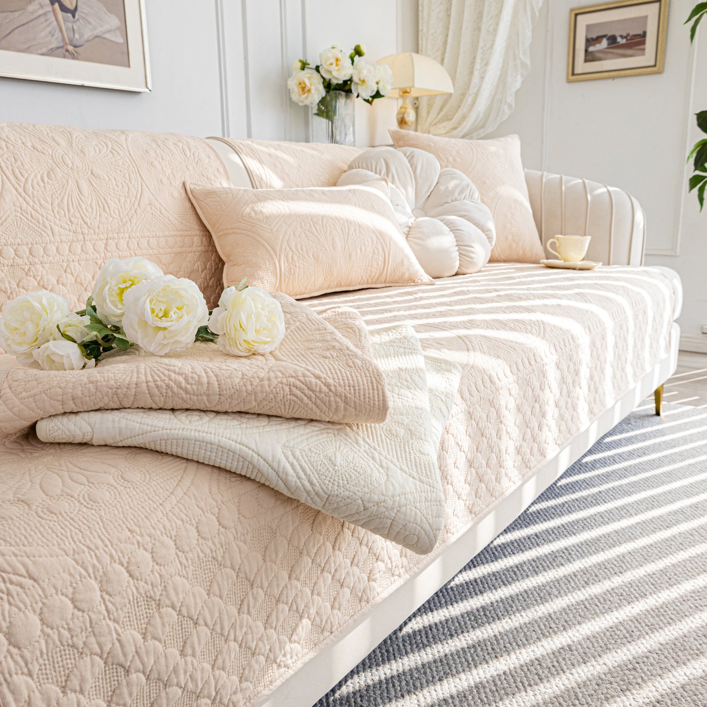 Cotton Quilted Sofa Cover, Non-Slip Couch Protector Fits Backrest, Seat & Armrest
