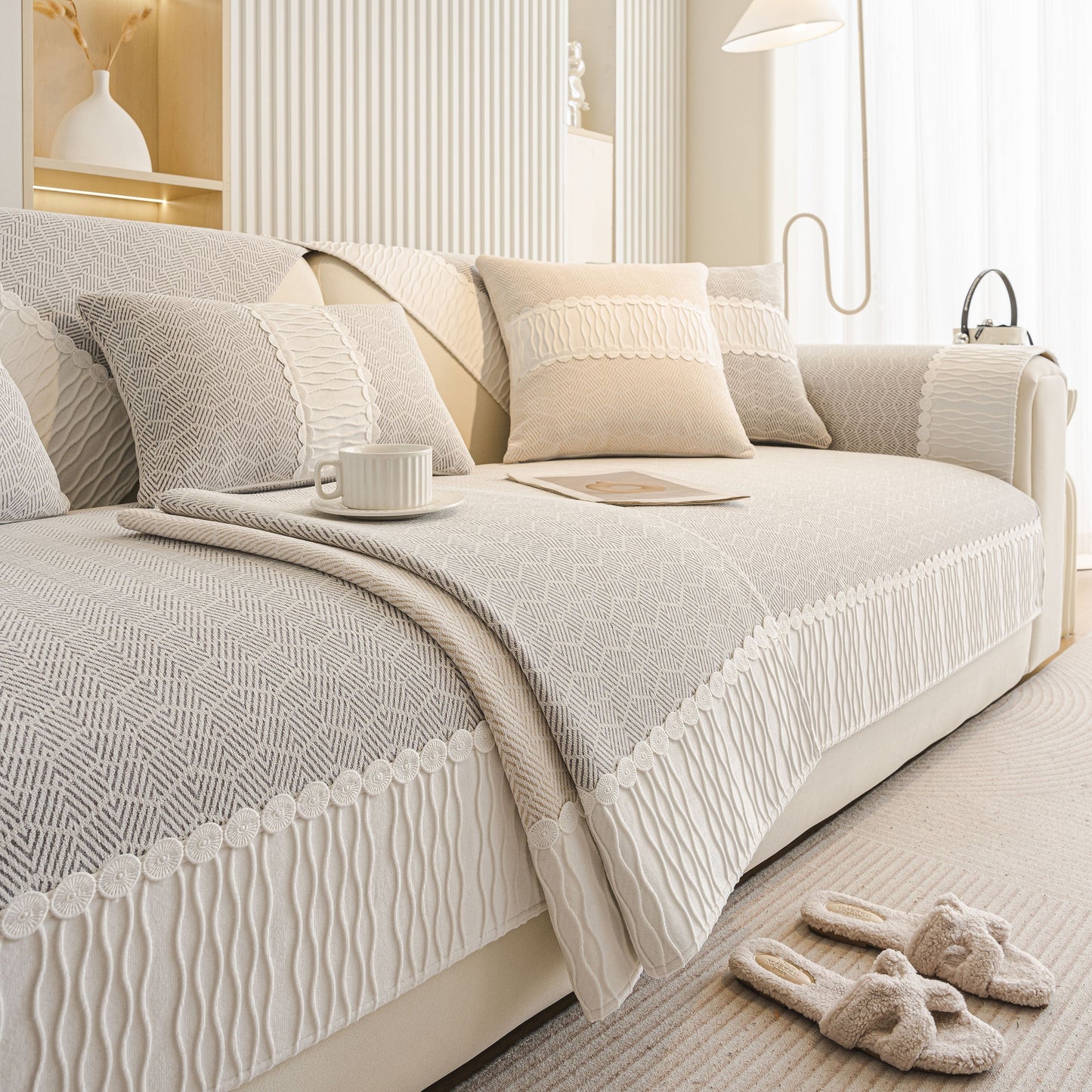 Herringbone Sofa Protector Cover, Non-Slip Couch Cover for Seat, Back & Arms
