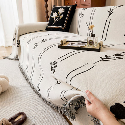 Chenille Jacquard Sofa Throw Cover with Tassel Soft Thick Couch Protector Blanket
