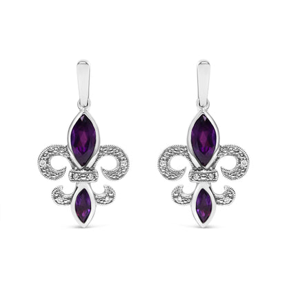 .925 Sterling Silver Marquise Cut Amethyst and Diamond Accent Fleur De Lis Dangle Stud Earrings (H-I Color, SI1-SI2 Clarity)