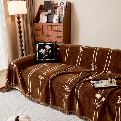 Chenille Jacquard Sofa Throw Cover with Tassel Soft Thick Couch Protector Blanket