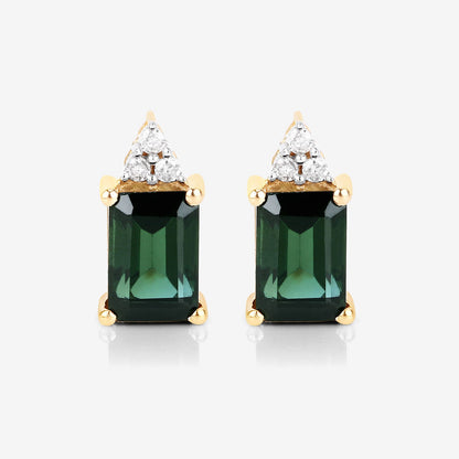 1.25 Carat Genuine Green Tourmaline and White Diamond 14K Yellow Gold Earrings