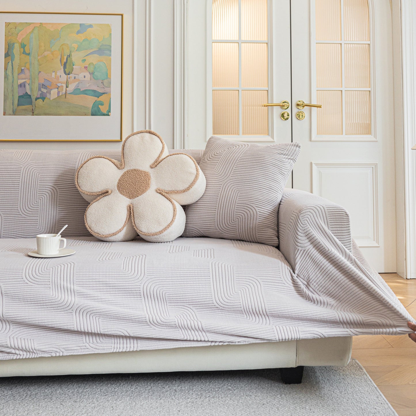 Modern Slipcovers Geometric Textured Stretchable Sofa Cover for Couch with Chaise