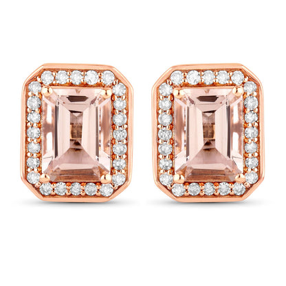 1.82 Carat Genuine Morganite and White Diamond 14K Rose Gold Earrings