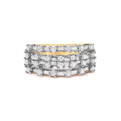 14K Yellow Gold 1.0 Cttw Round and Baguette Diamond Multi-Row Band Ring