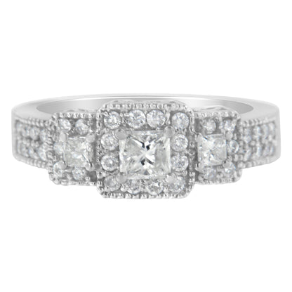 14K White Gold Round and Princess-Cut Diamond Three Stone Ring (1 Cttw, H-I Color, I1-I2 Clarity) - Size 7
