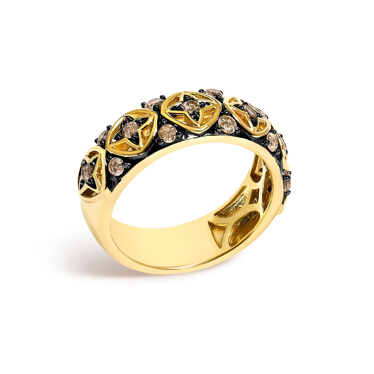 10K Yellow Gold Plated Sterling Silver 1/2 Cttw Champagne Diamond Star Motif Band Ring