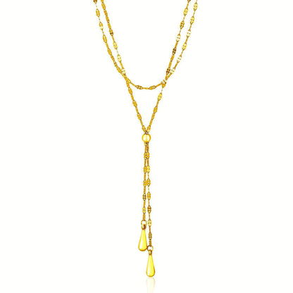 14k Yellow Gold Double Strand Chain with Puffed Heart Lariat Necklace