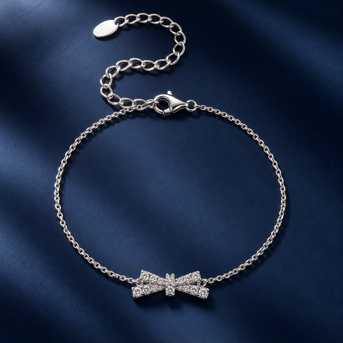 925 Sterling Silver White Gold Plated Moissanite Bow-Knot 15+6cm Bracelet for Women