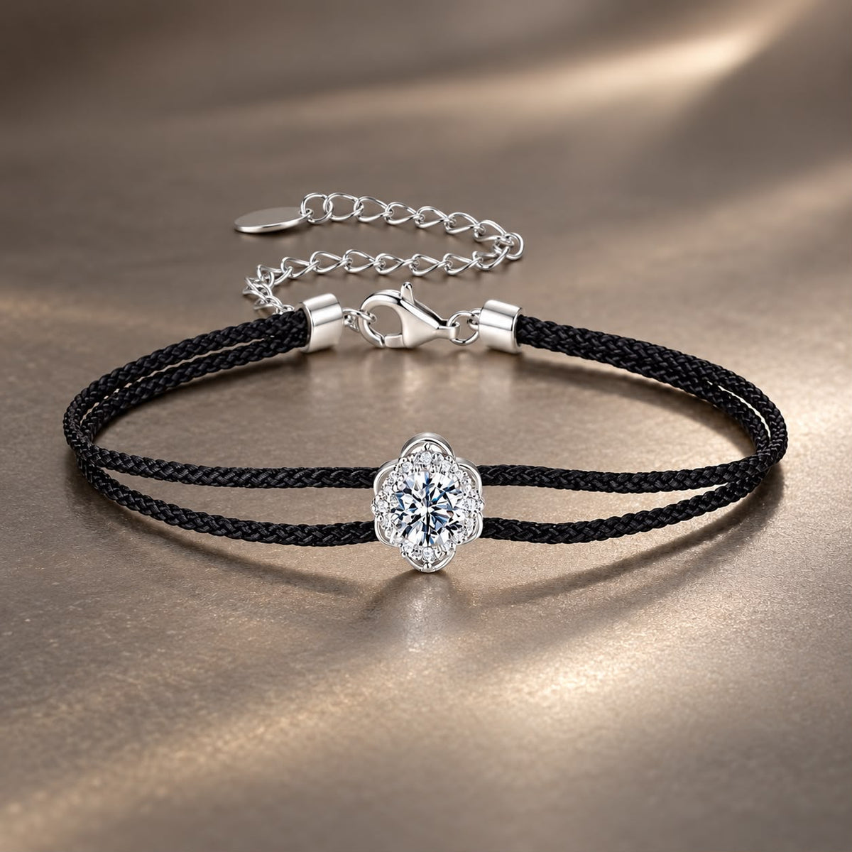 925 Sterling Silver White Gold Plated Round Moissanite 15+6cm Cotton Cord Bracelet for Women