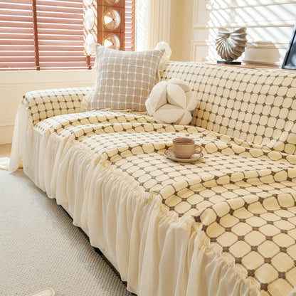 Grid Textured Sofa Cover with Sheer Ruffle Skirt, Pet-Friendly Sofa Throw Slipcover