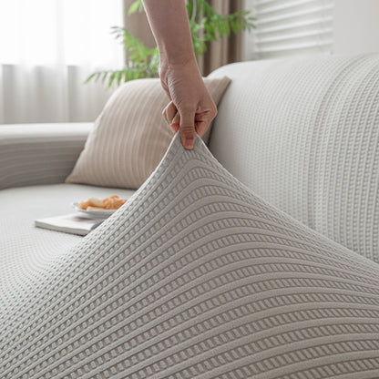 3D Grid Jacquard Sofa Cover, High Stretch Plush Waffle Couch Slipcover with Tie Straps