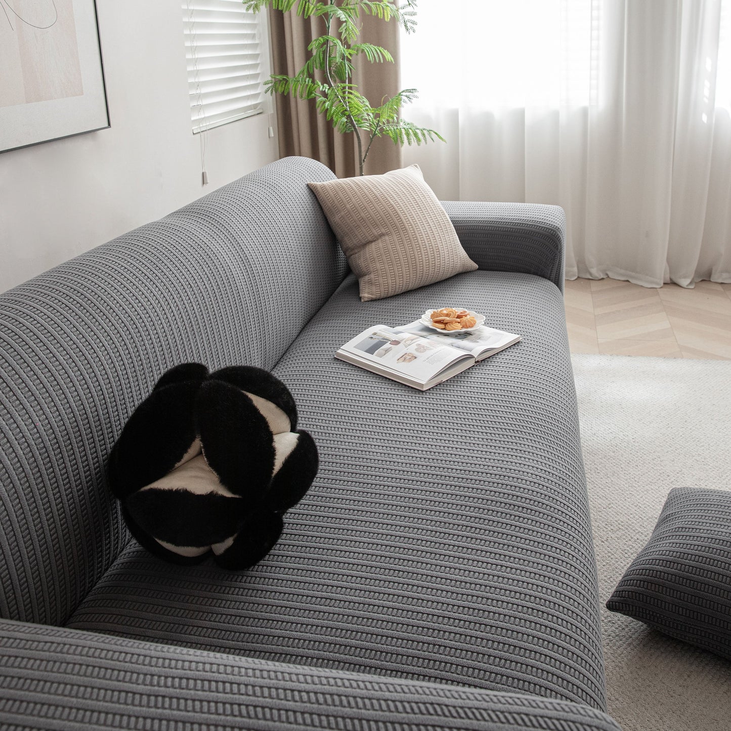 3D Grid Jacquard Sofa Cover, High Stretch Plush Waffle Couch Slipcover with Tie Straps