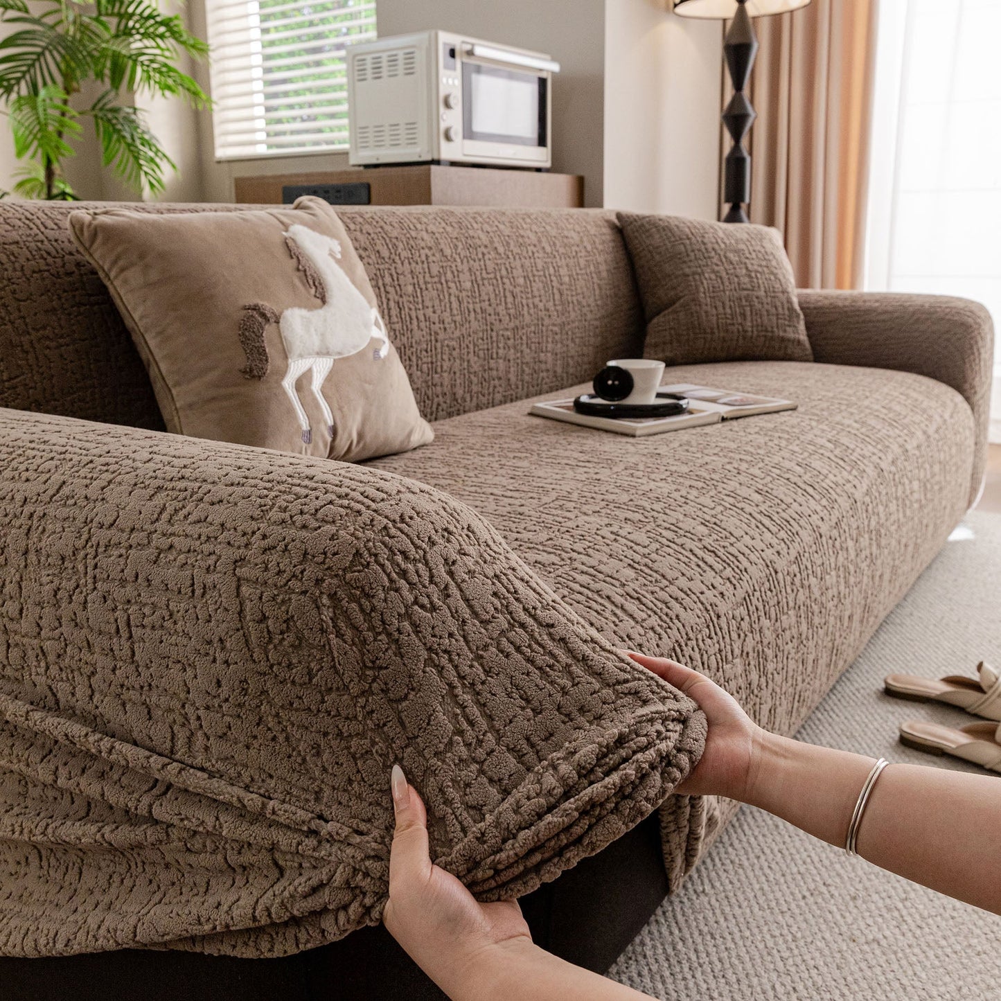 Elastic Stretch Sofa Cover Slipcover, Soft Plush Bubble Textured Jacquard Couch Cover