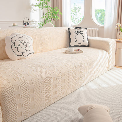 High Stretch Embossed Geometric Slipcover for Couch, Cozy Plush Fleece Couch Cover