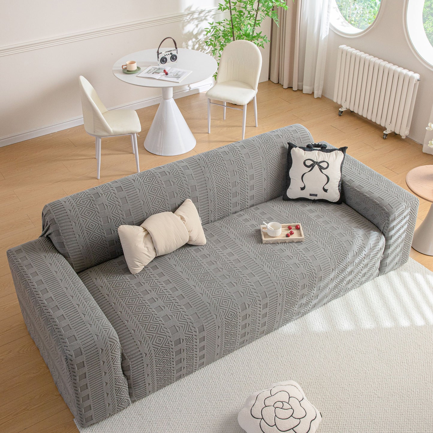 High Stretch Embossed Geometric Slipcover for Couch, Cozy Plush Fleece Couch Cover
