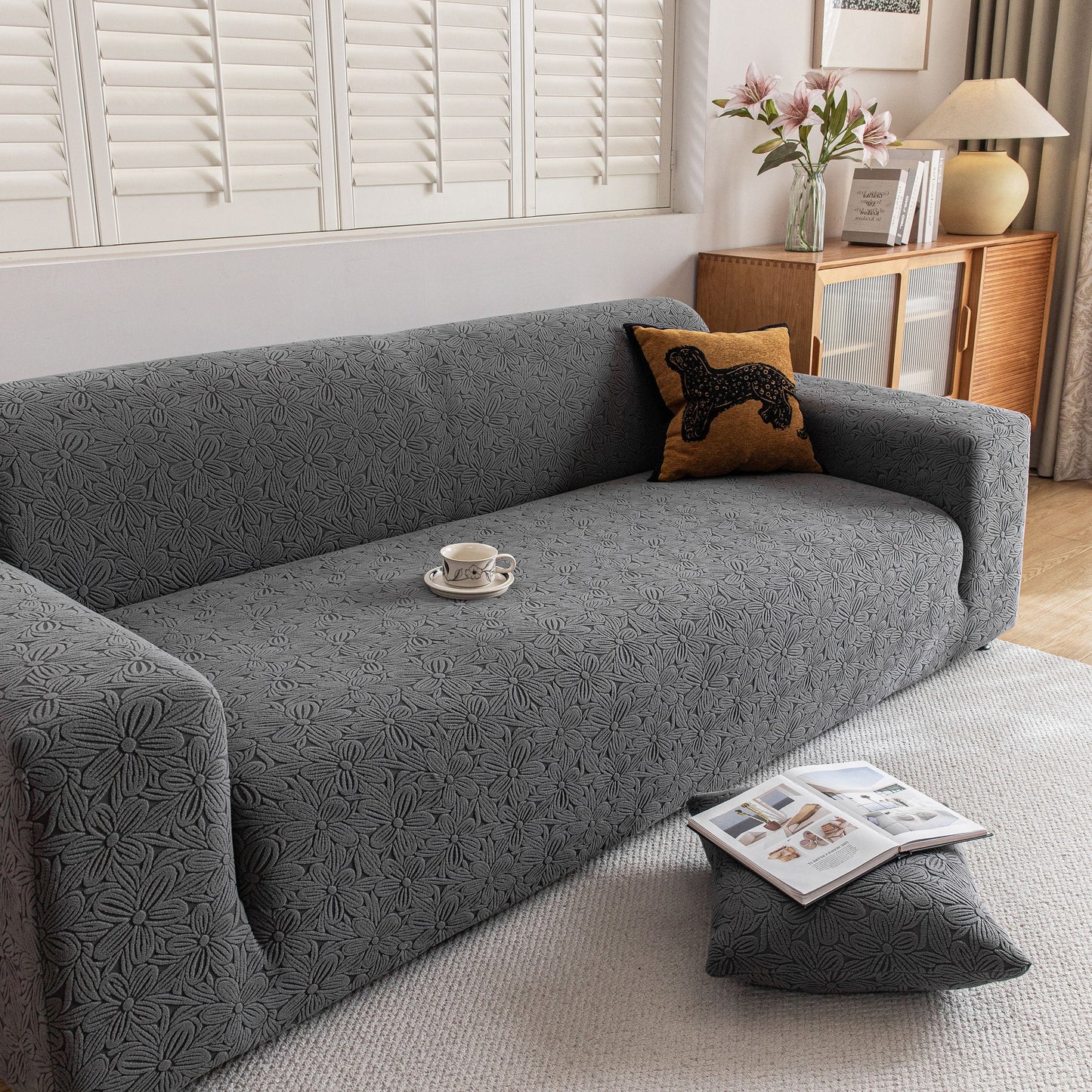 High Elastic Floral Couch Slipcover, Jacquard Stretch Non-Slip Furniture Protector