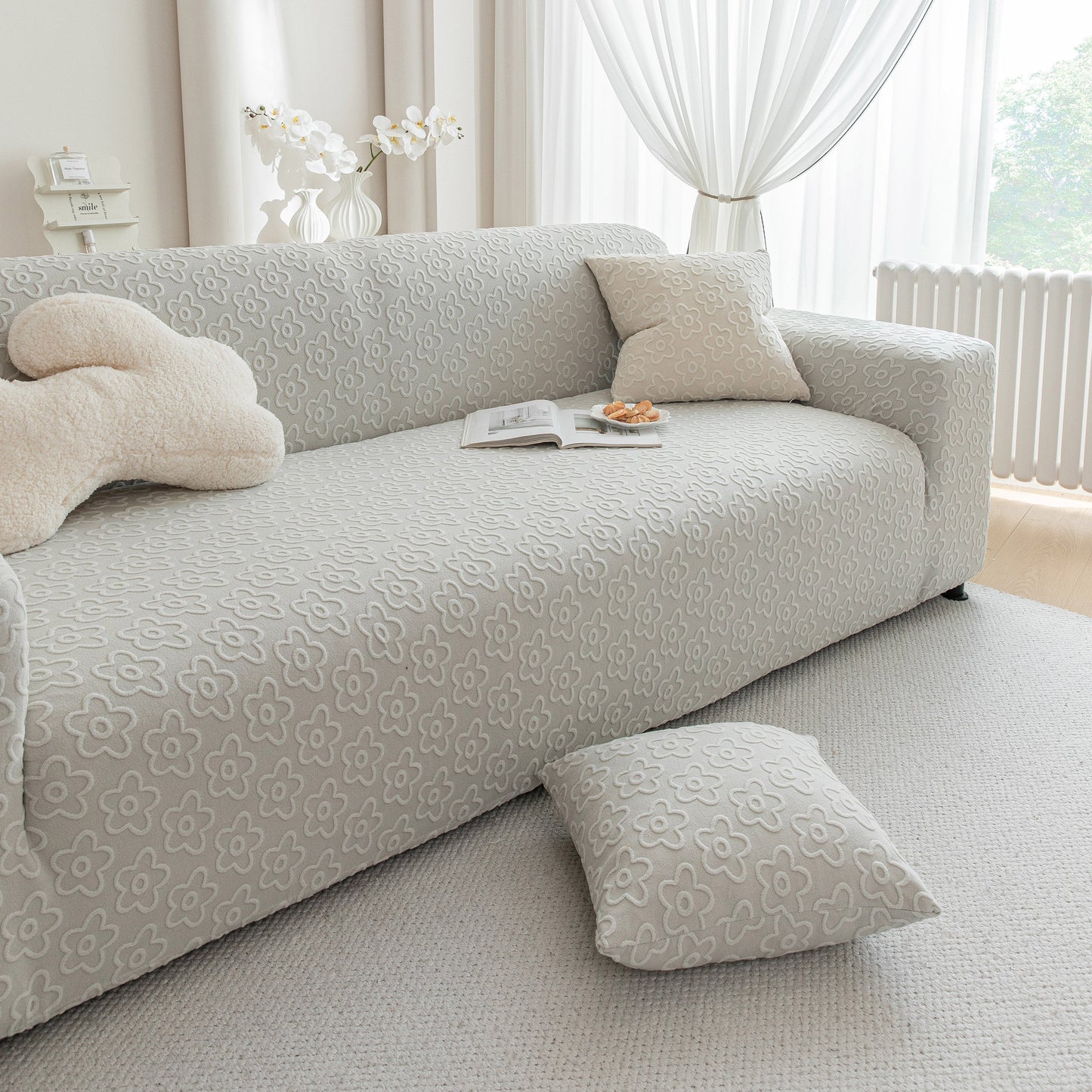 High Stretch Jacquard Sofa Slipcover, Soft Spandex Textured Floral Couch Cover