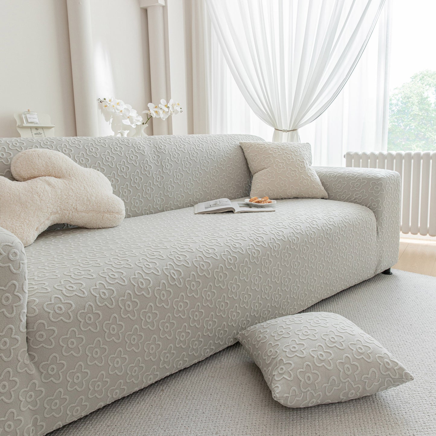 High Stretch Jacquard Sofa Slipcover, Soft Spandex Textured Floral Couch Cover