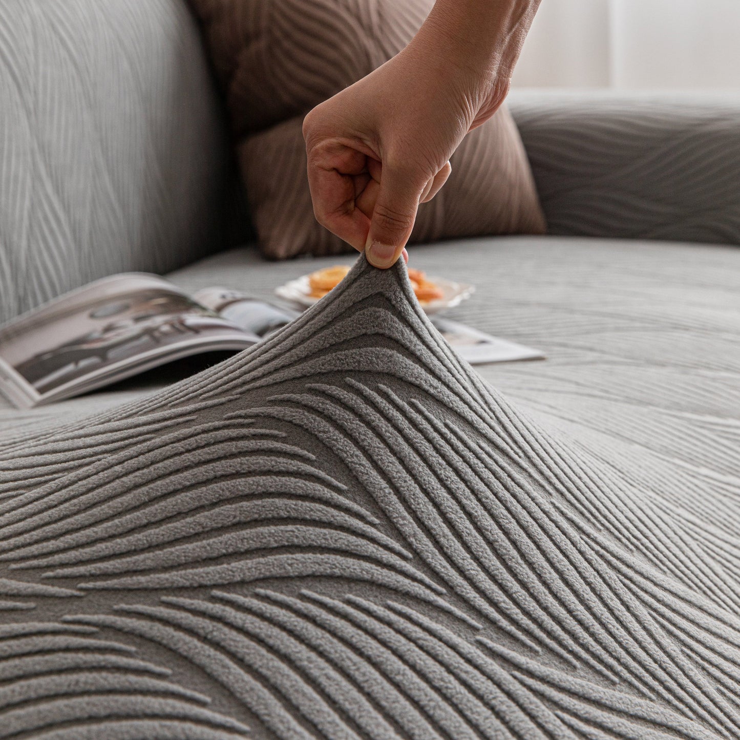 Modern Wavy Jacquard Sofa Slipcover, High Stretch Sofa Cover with 3D Organic Texture