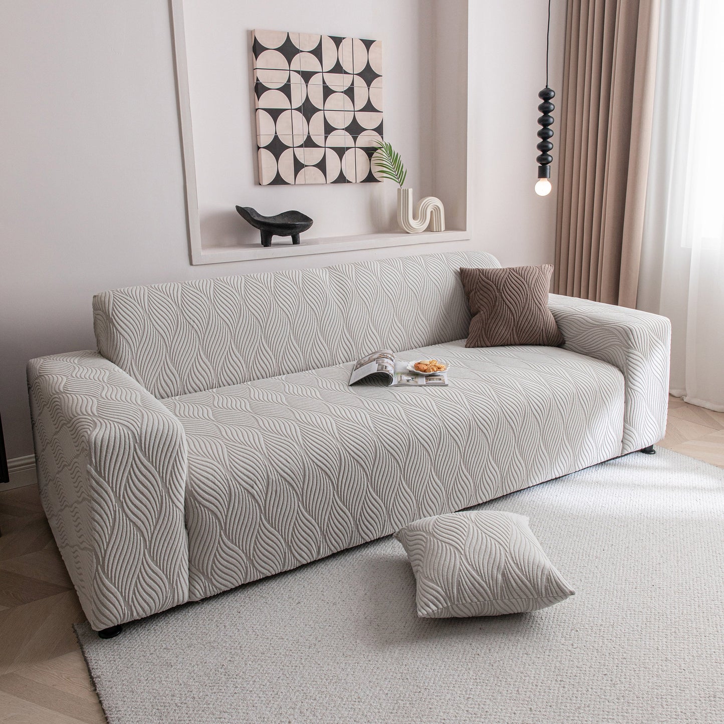 Modern Wavy Jacquard Sofa Slipcover, High Stretch Sofa Cover with 3D Organic Texture
