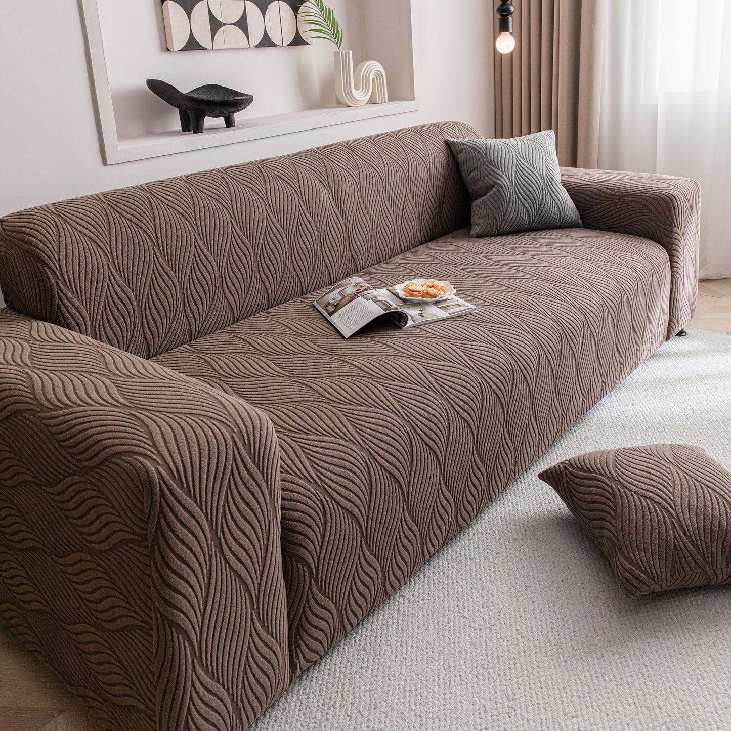 Modern Wavy Jacquard Sofa Slipcover, High Stretch Sofa Cover with 3D Organic Texture