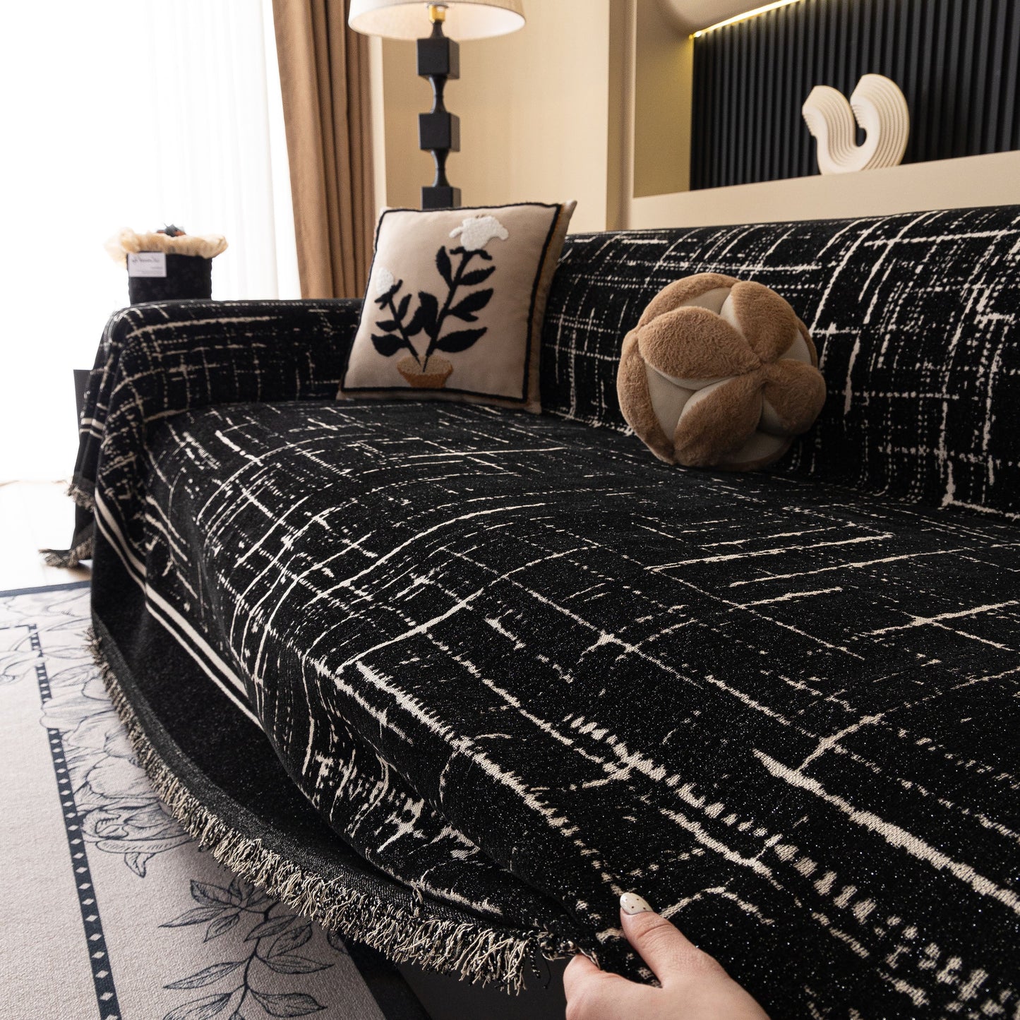 Modern Couch Protector Blanket Woven Chenille Sofa Cover Throw with Artistic Grid