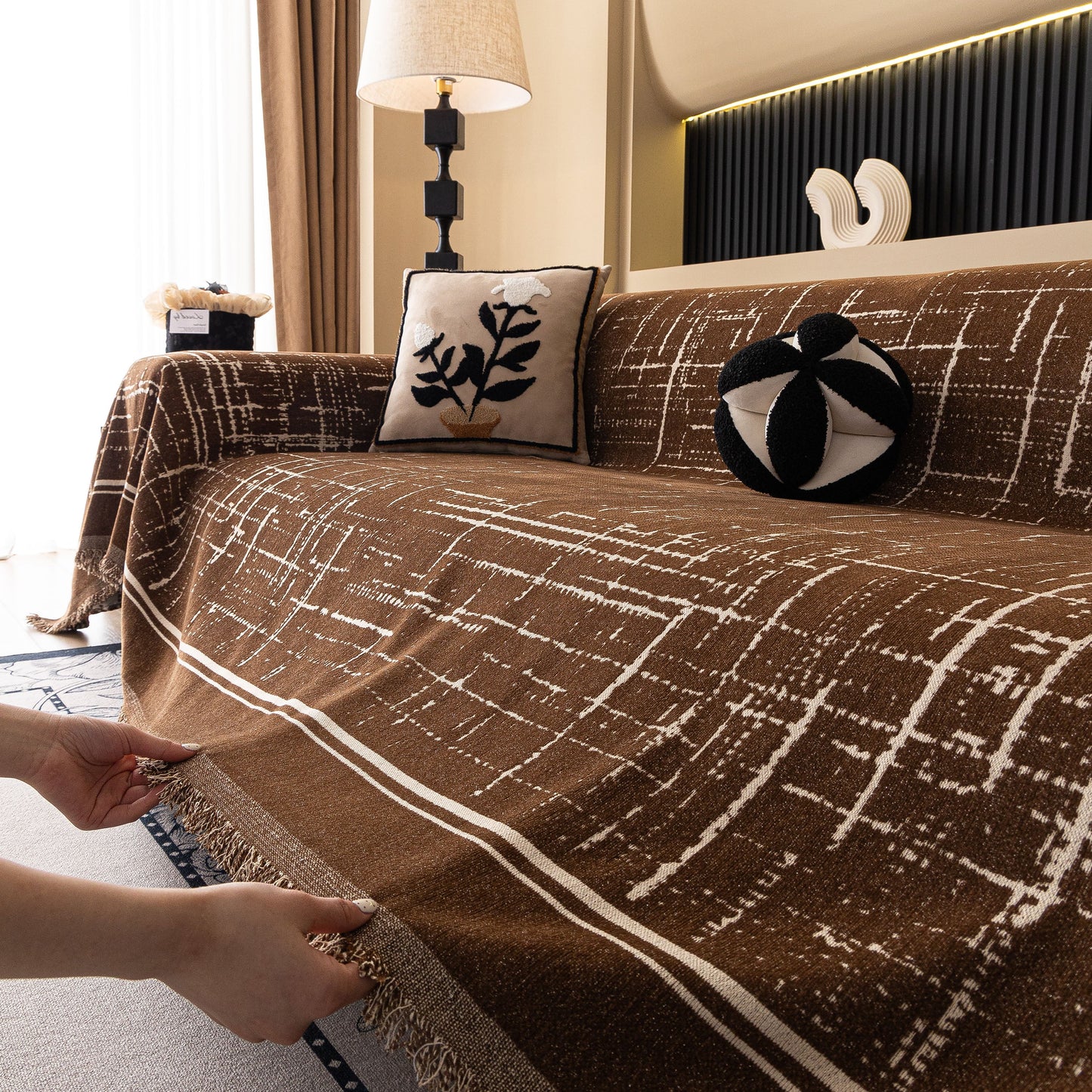 Modern Couch Protector Blanket Woven Chenille Sofa Cover Throw with Artistic Grid