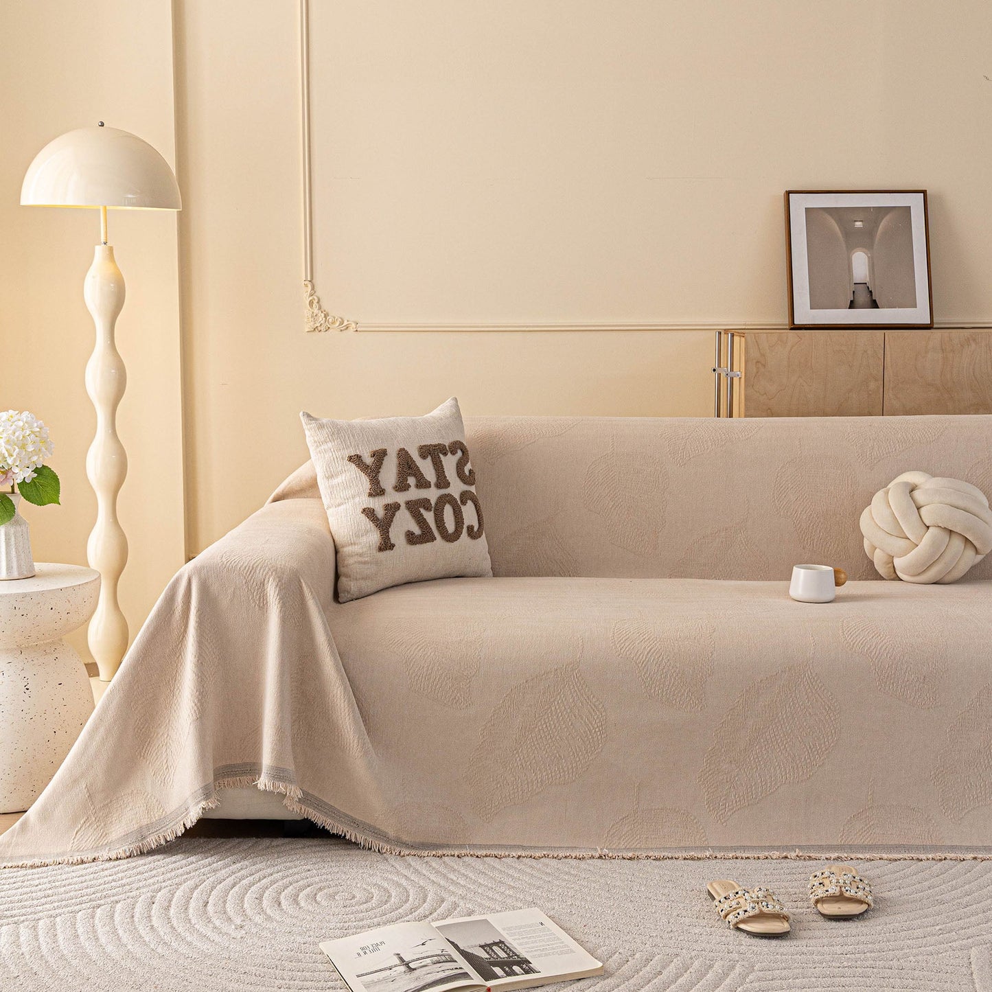 Embossed Leaf Pattern Couch Cover Throw Blanket, Japandi Furniture Cover Protector