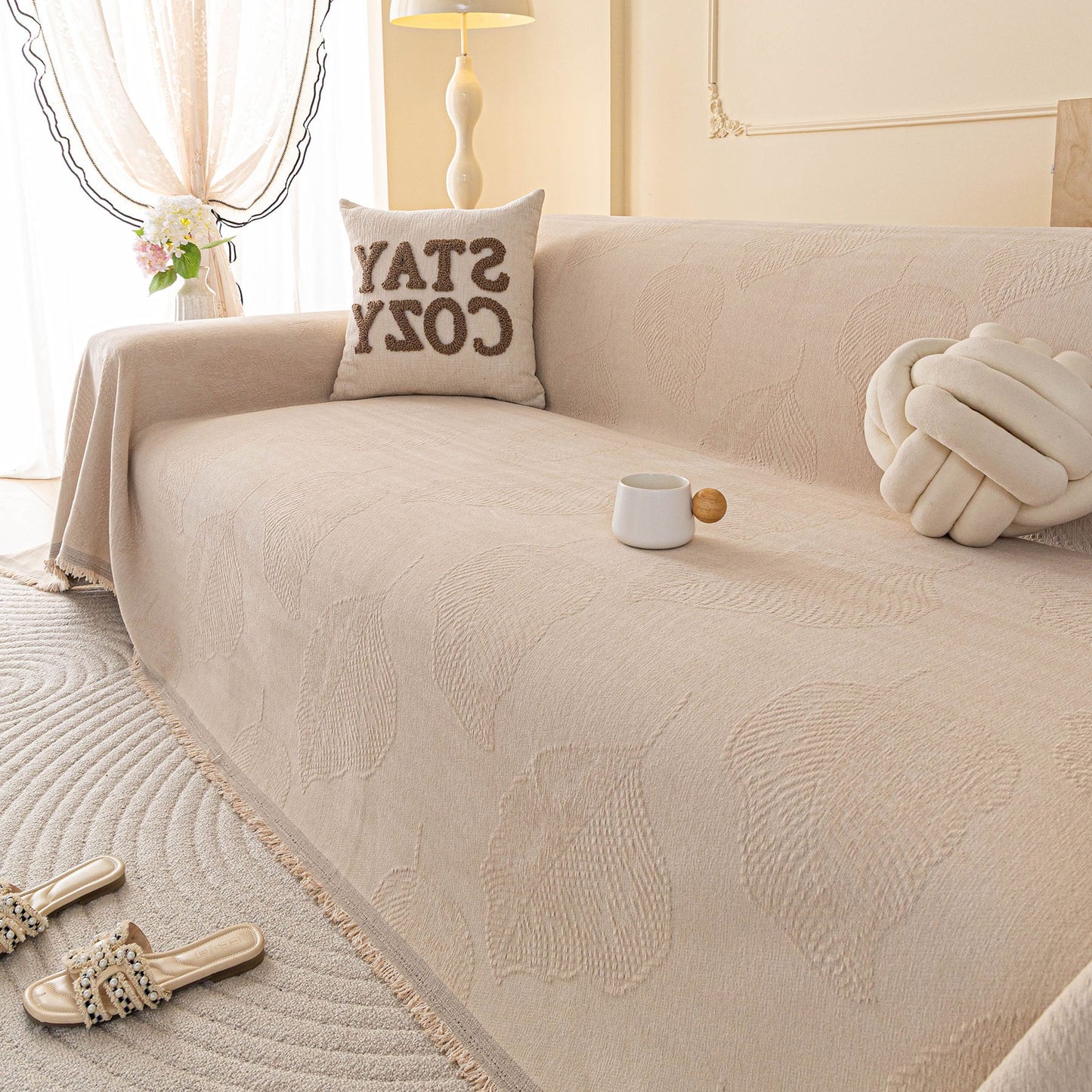 Embossed Leaf Pattern Couch Cover Throw Blanket, Japandi Furniture Cover Protector