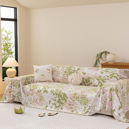Chenille Throw Blanket Sofa Cover, Abstract Watercolor Couch Cover with Tassel Fringe
