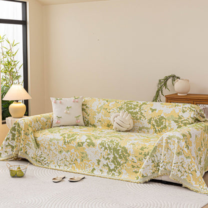 Chenille Throw Blanket Sofa Cover, Abstract Watercolor Couch Cover with Tassel Fringe