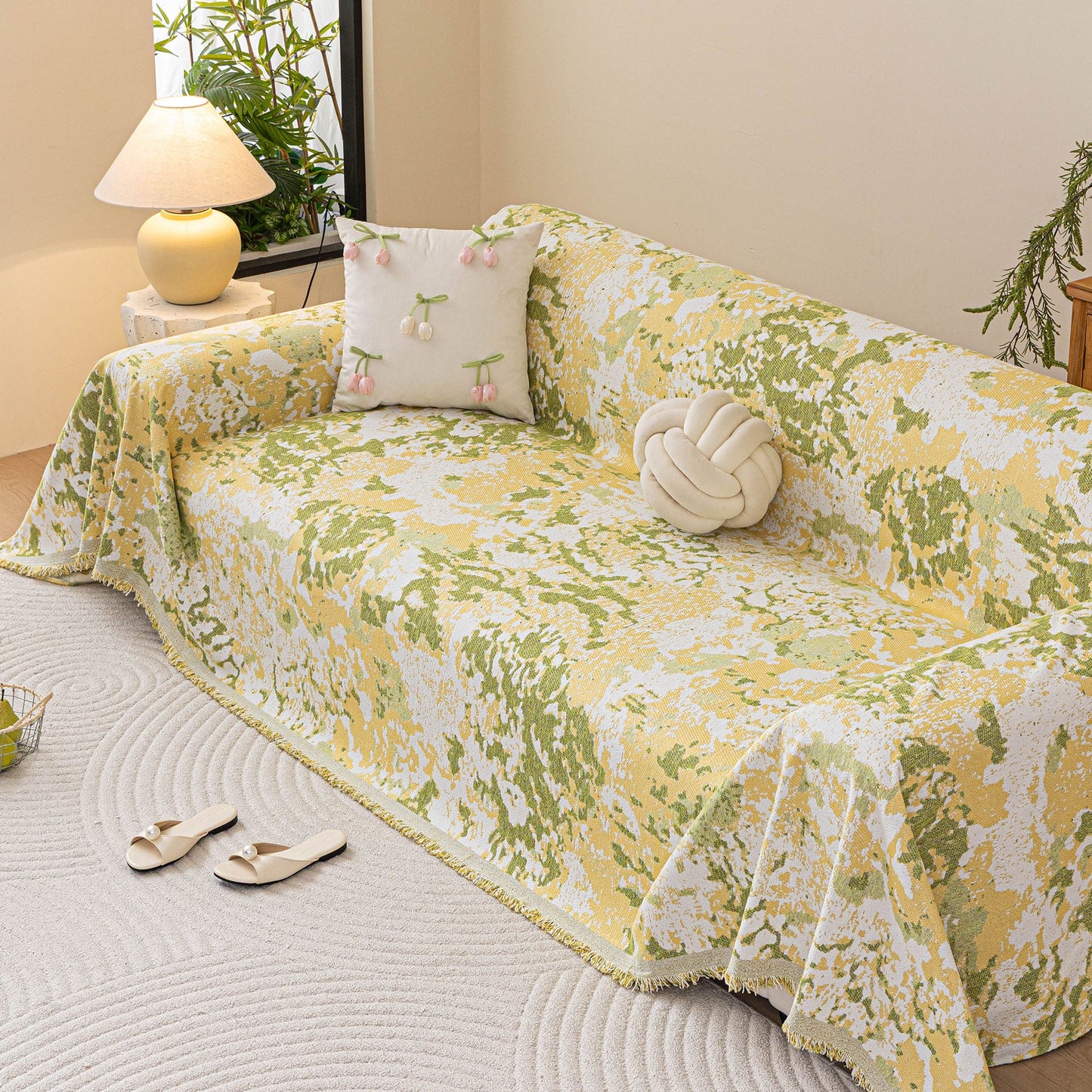 Chenille Throw Blanket Sofa Cover, Abstract Watercolor Couch Cover with Tassel Fringe