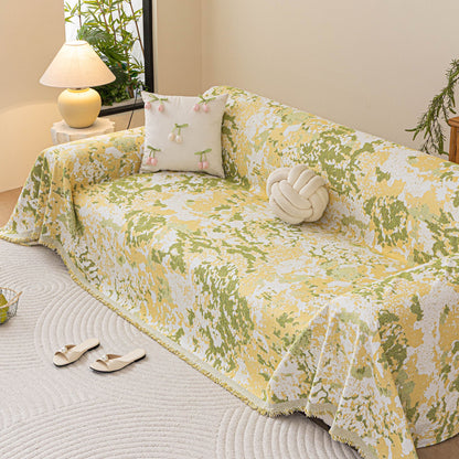 Chenille Throw Blanket Sofa Cover, Abstract Watercolor Couch Cover with Tassel Fringe