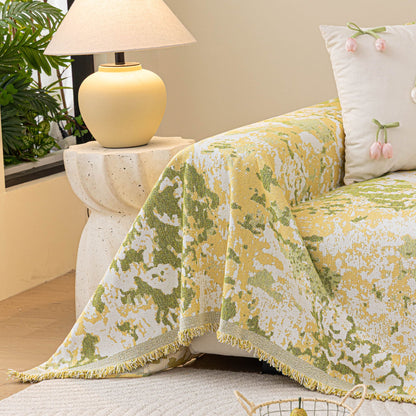 Chenille Throw Blanket Sofa Cover, Abstract Watercolor Couch Cover with Tassel Fringe