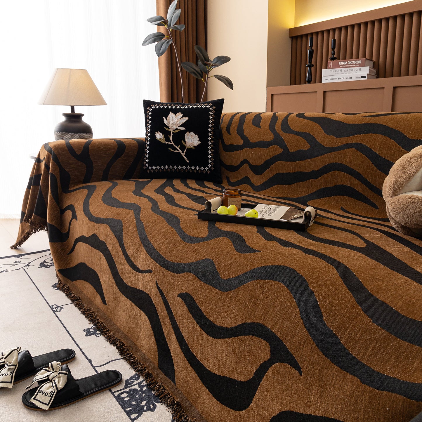 Zebra Striped Chenille Throw Sofa Cover Full-Cover Decorative Furniture Slipcover