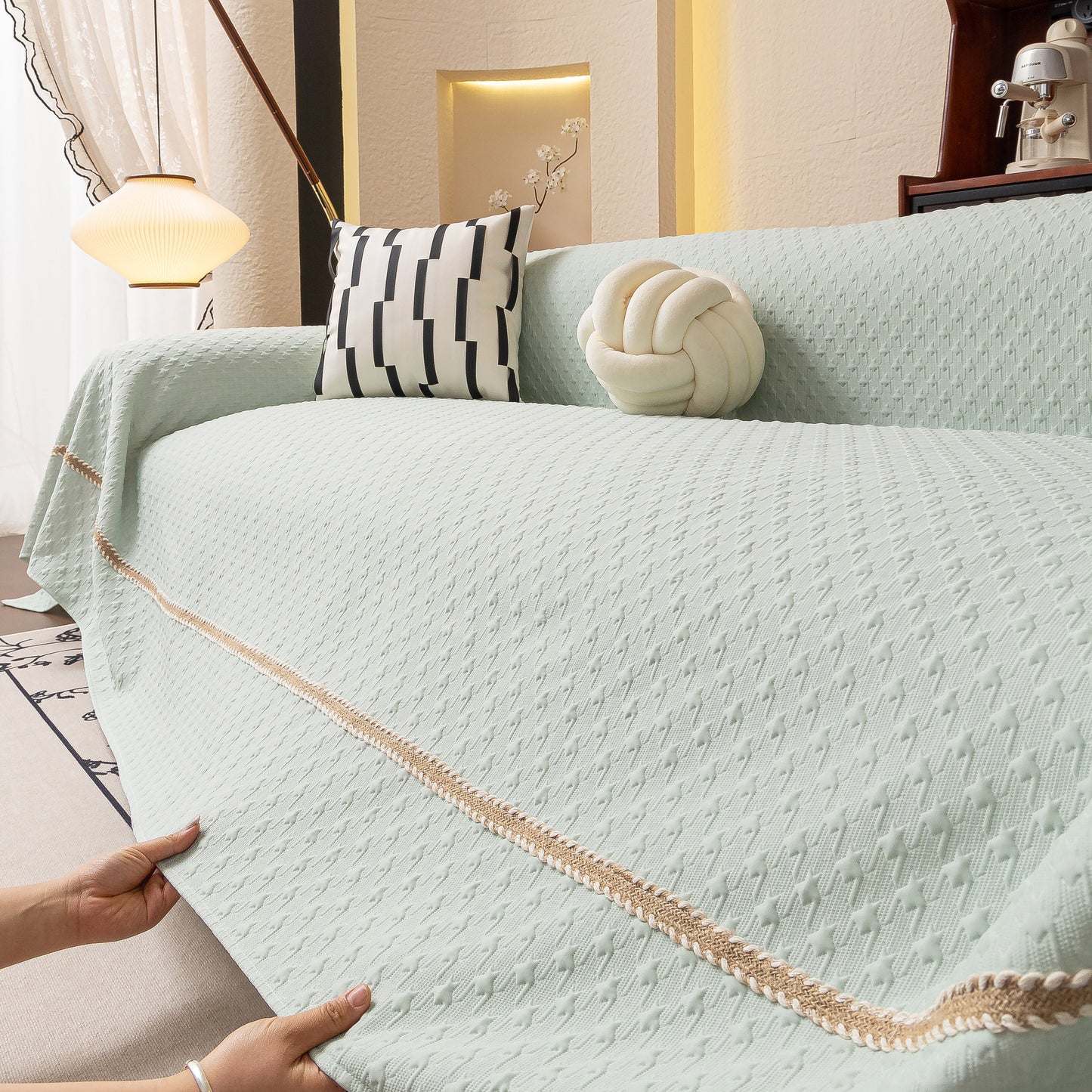 Jacquard Ice Silk Sofa Throw Cover with Gold Trim, Summer Cooling Couch Slipcover