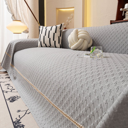 Jacquard Ice Silk Sofa Throw Cover with Gold Trim, Summer Cooling Couch Slipcover