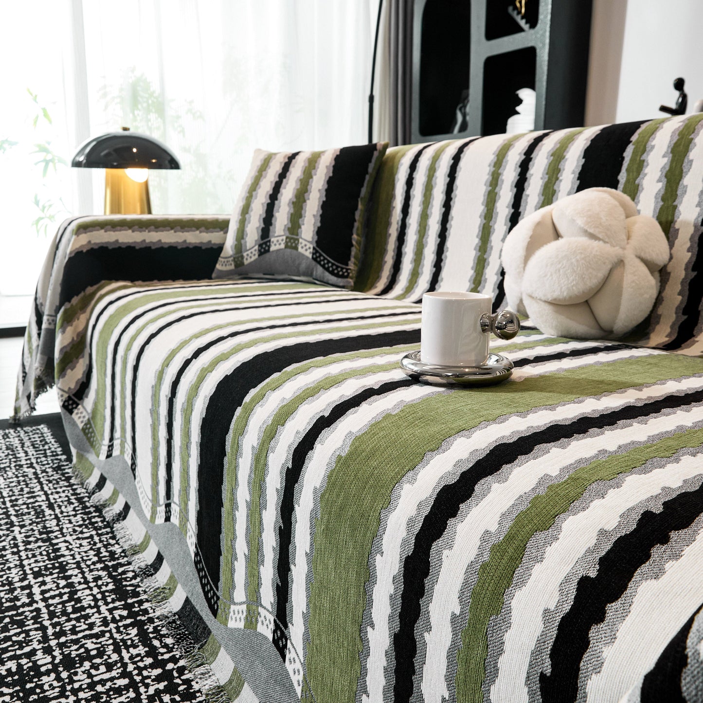 Striped Chenille Sofa Throw Covers, Boho Style Cozy Couch Protector Blanket