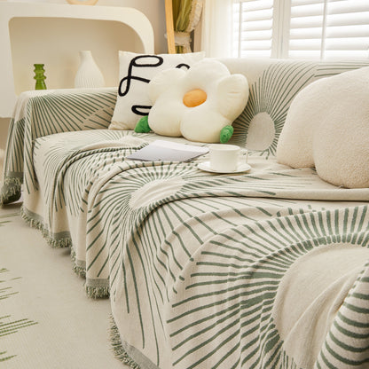 Geometric Radial Striped L-Shape Sofa Cover: Thick, Reversible Furniture Blanket for Kids and Pets