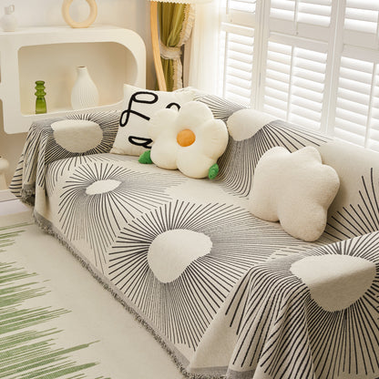 Geometric Radial Striped L-Shape Sofa Cover: Thick, Reversible Furniture Blanket for Kids and Pets