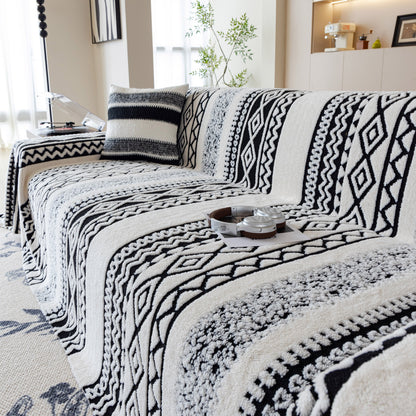 Bohemian Tufted Sofa Cover, Plush Fleece Throw Blanket with 3D Woven Aztec Stripes