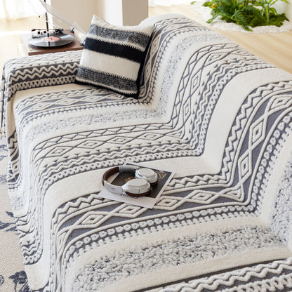 Bohemian Tufted Sofa Cover, Plush Fleece Throw Blanket with 3D Woven Aztec Stripes