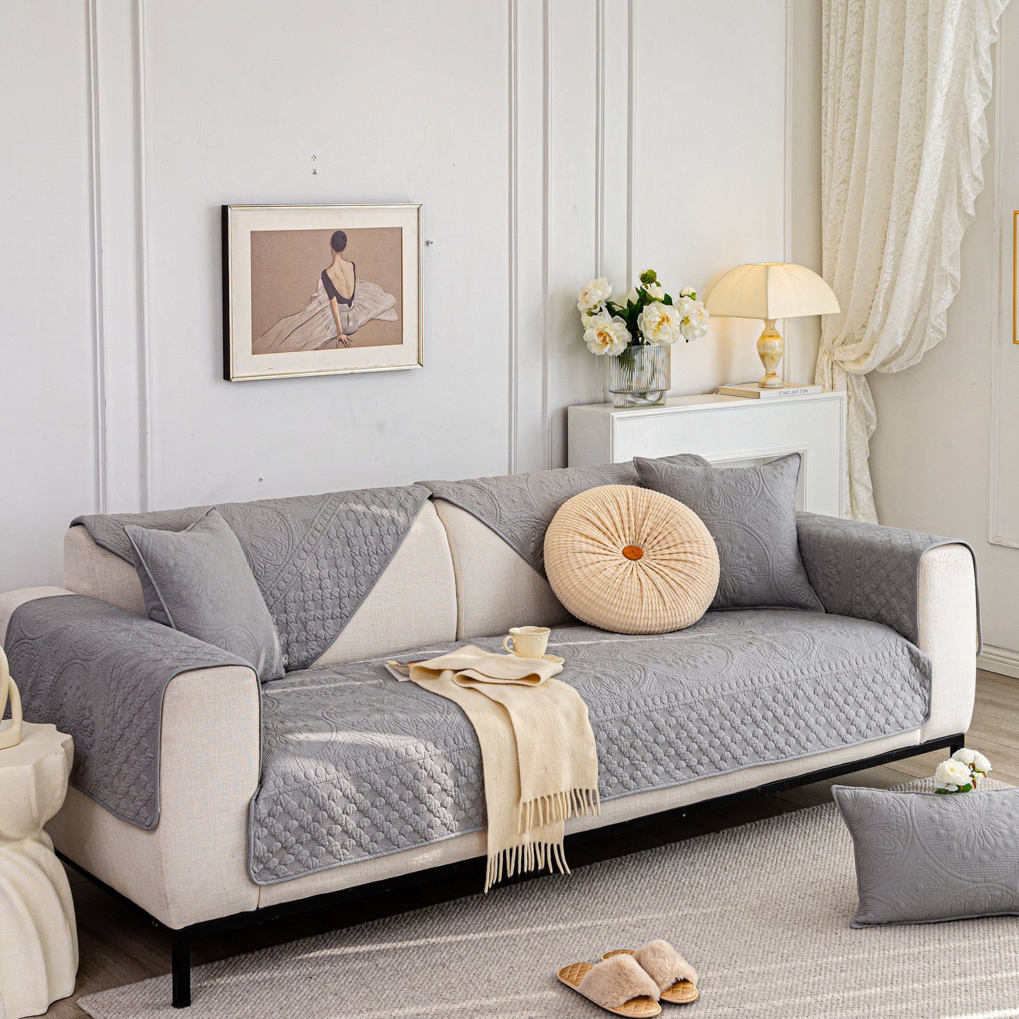 Cotton Quilted Sofa Cover, Non-Slip Couch Protector Fits Backrest, Seat & Armrest