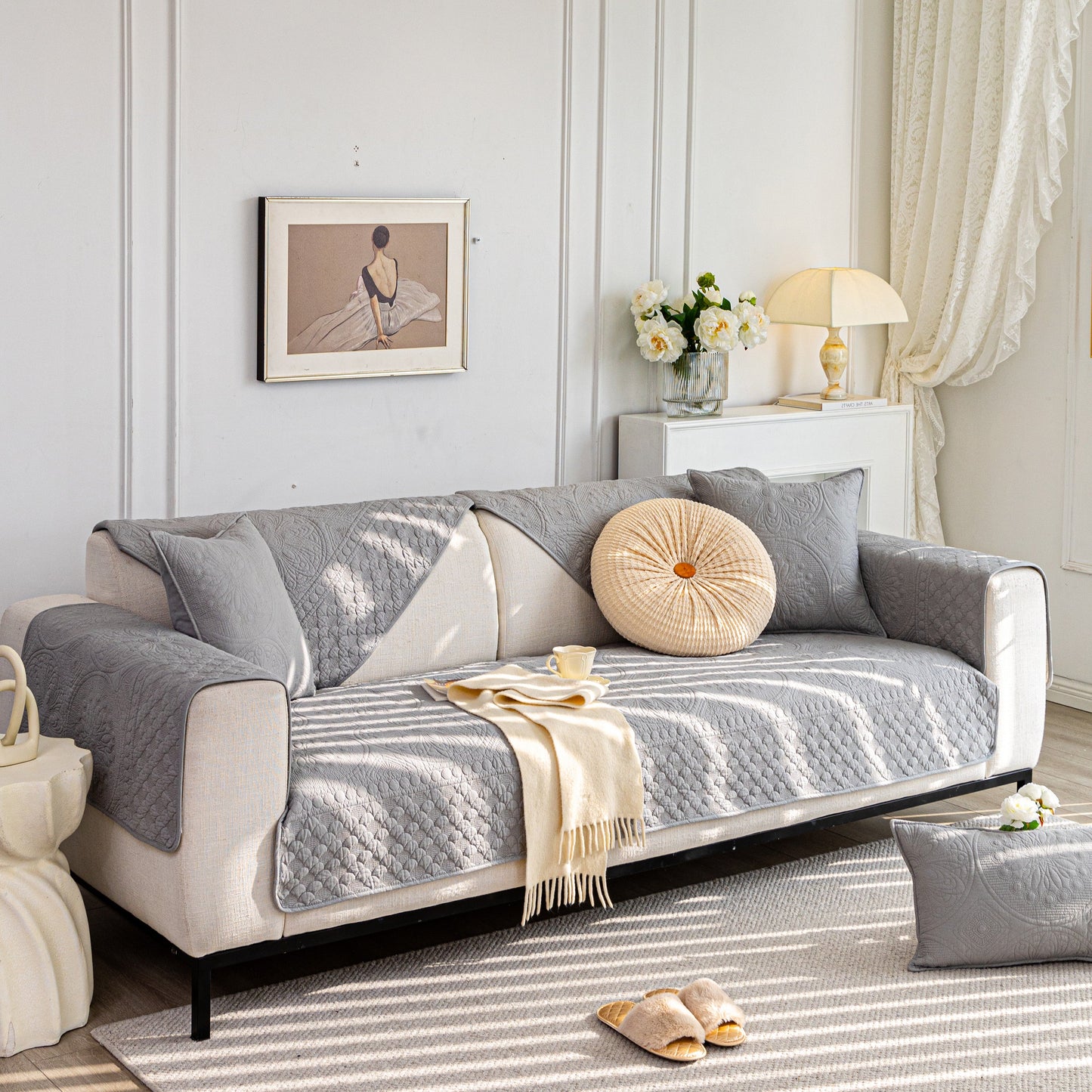 Cotton Quilted Sofa Cover, Non-Slip Couch Protector Fits Backrest, Seat & Armrest