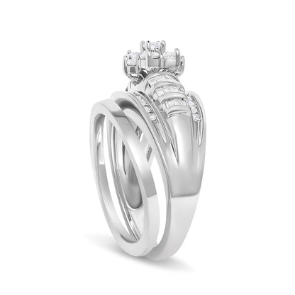 14K White Gold 1.0 Cttw Round and Baguette Diamond Cluster Bridal Set