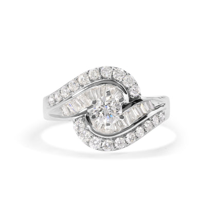 14K White Gold 1.00 Cttw Round and Baguette cut Diamond Swirl Cocktail Ring (H-I Color, SI2-I1 Clarity) - Ring Size 7